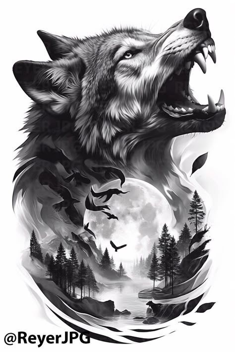 Discover this stunning wolf spirit tattoo design, perfect for nature lovers and tattoo enthusiasts alike. Featuring intricate details and a captivating blend of wildlife and artistry, this design embodies strength and freedom. Ideal for arm or back placements, it resonates with those who cherish their connection to the wild. Download the JPG for inspiration or your next tattoo! #WolfTattoo #TattooDesigns #NatureArt #TattooInspiration #WildlifeArt Wolf Flower Tattoo Design, Wolf Spirit Tattoo, Lion Warrior Tattoo, Wolf Sleeve Tattoo, Tattoo Ideas Wolf, Natur Tattoo Arm, Wolf Sleeve, Viking Tattoo Symbol, Scene Tattoo