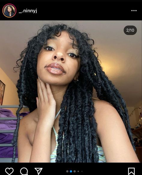 Faux Loc With Bangs, Simba Locs, Goddess Braids With Curly Bangs, Faux Locs With Bangs Black Women, Faux Locks With Bangs, Faux Locs With Curly Bangs, Goddess Faux Locs With Bangs, Messy Boho Braids Black Women, Boho Locs With Bangs