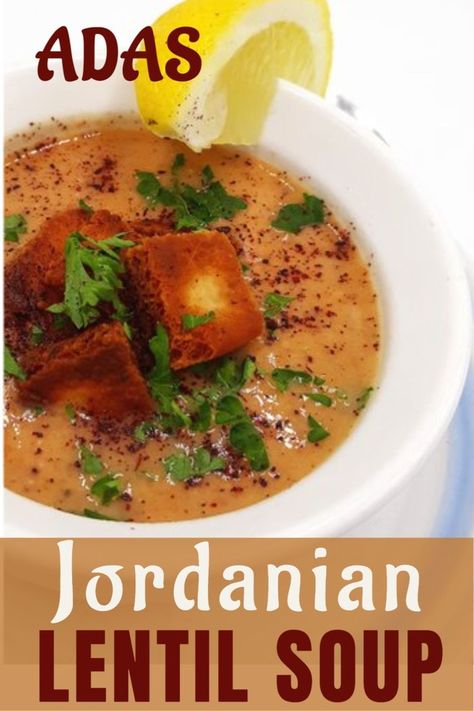 Creamy lentils & onions with warm Arab spices, the crunch of pita croutons and the sparkle of lemon. A great winter soup! #adassoup #bestadassoup #bestjordanianlentilsoup #easymiddleeasternlentilsoup #bestarablentilsoup #lentilsoupwithonions #lentilsoupwithlemon #adassoupwithsumac #adaswitharabspices #adaswithcroutonsandsumac #bestwintersoups #easywinterlentilsoup #jordanianlentilsoupforfamily #jordanianlentilsoupforcompany #internationllentilsoups #easyjordanianadas #lentilonionandlemonsoup Middle Eastern Lentil Soup, Creamy Lentils, Best Winter Soups, Winter Soup, Winter Soups, Lentil Soup, Middle Eastern Recipes, Easy Family Meals, Arabic Food