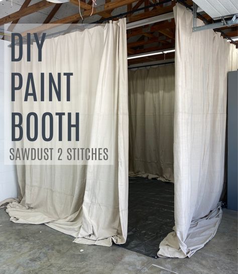 Spray Booth Diy, Ikea Curtain Rods, Diy Paint Booth, How To Hem Curtains, Diy Booth, Garage Paint, Spray Paint Booth, Booth Diy, Painting Hacks