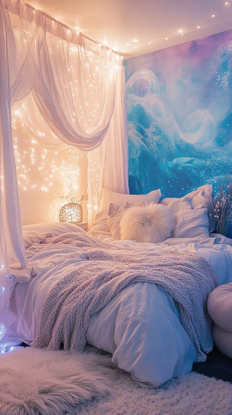 Dive into a Pisces dream 🌊✨ Transform your bedroom with ocean-inspired hues, flowy curtains, and a mesmerizing watercolor wall mural. Twinkling fairy lights, plush bedding, and a cozy meditation corner create an ethereal escape. Perfect for dreamy nights and peaceful mornings! 🛌💫 Mermaid Theme Bedroom Ideas, Bedroom Inspo Blue Walls, Cozy Minimalist Bedroom Aesthetic, Pisces Bedroom Aesthetic, Mermaid Core Bedroom, Girls Ocean Themed Bedroom, Aesthetic Room Ideas Bedrooms, Crystal Bedroom Aesthetic, Sky Themed Bedroom