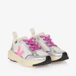 VEJA - Girls White & Pink V Canary Alveomesh Trainers | Childrensalon Toddler Girl Shoes, Girls Shoes Kids, Sporty Girls, Everyday Accessories, Colourful Outfits, Eco Conscious, Toddler Shoes, Shoes Trainers, Pull Tab