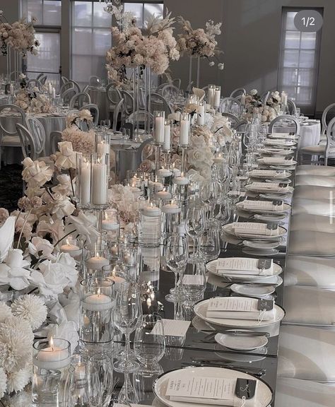 Silver And Champagne Wedding, Silver And White Prom Decorations, Silver Theme Wedding, Silver Wedding Decorations Receptions, White And Silver Place Setting Wedding, White And Crystal Wedding Decor, Grey And Silver Wedding Theme, White And Silver Wedding Theme, Platinum Wedding Decor