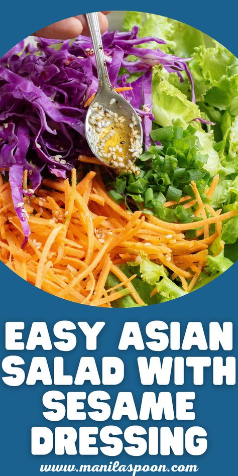 Easy Asian Salad with Sesame Dressing Easy Asian Salad, Asian Sesame Dressing, Sesame Salad Dressing, Sesame Vinaigrette, Asian Salad Recipe, Cabbage And Carrots, Sesame Ginger Dressing, Sesame Dressing, Vegetarian Cabbage