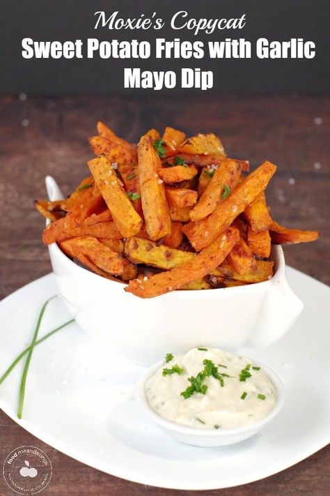 This Sweet Potato Fries and dipping sauce recipe is a copycat of Moxie’s recipe. Made with baked, instead of fried, spicy sweet potato fries, with a scrumptious garlic mayo dip, it’s the perfect stay at home snack or appetizer! #fries #dip #sweetpotato #garlicmayodip #moxies Dip For Sweet Potato Fries, Sweet Potato Fry Dip, Fries Dip, Spicy Sweet Potato Fries, Mayo Dip, Grilled Steak Salad, Raw Sweet Potato, Sweet Potato Recipes Fries, Garlic Mayo