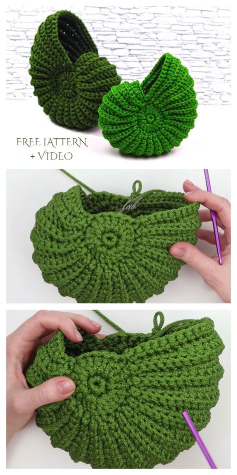 Spiral Shell Free Crochet Patterns + Video - DIY Magazine Shell Spiral, Spiral Crochet, Crochet Free Patterns, Crochet Basket Pattern Free, Spiral Shell, Diy Magazine, Crochet Diy, Crochet Stitch, Crochet Basket