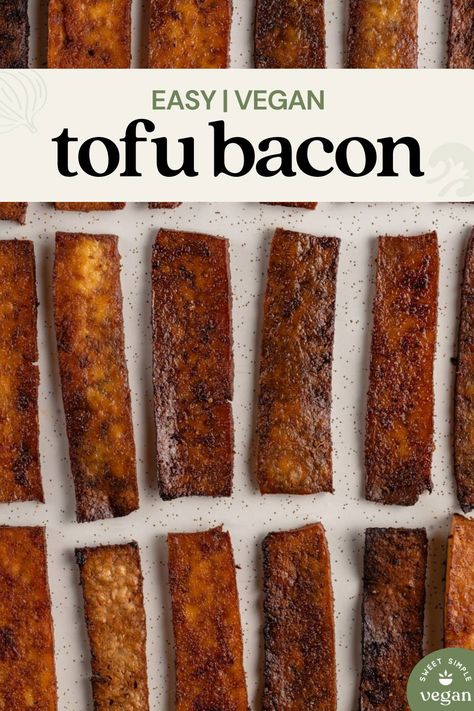 This tofu bacon is an absolute game-changer! It's one of our favorite vegan bacon substitutes - it's made with 10 ingredients and begging to be turned into a hearty vegan BLT sandwich. #veganbacon #tofubacon #plantbasedprotein #plantbsedbacon #veganprotein #veganBLT #vegansandwich #veganentree #vegansnack #veganlunch #sweetsimplevegan #crispytofu Tofu Bacon Marinade, Tofu Bacon Recipe, Tofu Lunch Meat, Shaved Tofu Recipes, Smoked Tofu Dishes, Grated Tofu Recipes, Shredded Tofu Recipe, Cooking With Tofu, Smoked Tofu Recipe