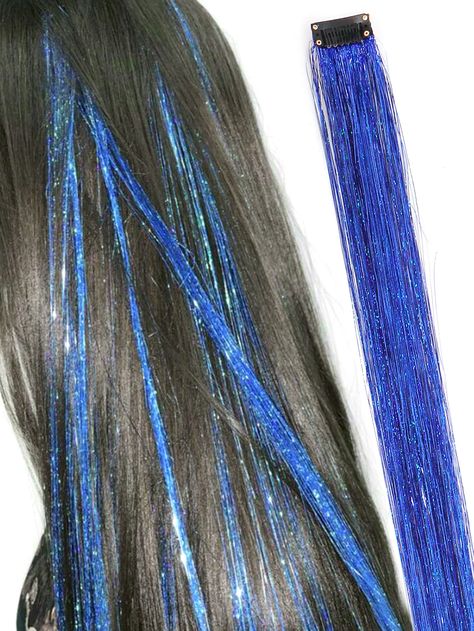 Blue  Collar  Polyester  Clip-In Hair Extensions Embellished   Wigs & Accs Blonde Hair With Blue Tinsel, Clip In Colored Hair Extensions, Blue Hair Tensil, Dark Blue Hair Tinsel, 2000s Outfits Party, Blue Extensions Hair, Siren Halloween, Clip In Blue Hair Extensions, Blue Hair Streaks