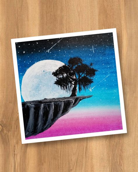 Drawing Ideas Cat, Oil Pastel Drawing Ideas, Moonlight Drawing, Pastel Drawing Ideas, Moonlight Scenery, Acrylic Painting For Kids, Scenery Drawing, Kids Painting, Oil Pastel Paintings