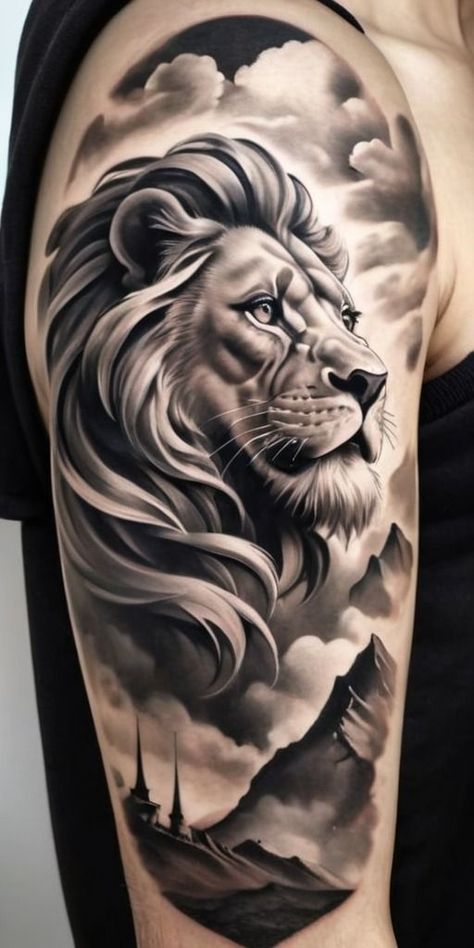 Cross Lion Tattoo For Men, Black And Grey Lion Tattoo, Lion Stencil Tattoo, Realistic Lion Tattoo Design, Lion Tattoo Arm, Leones Tattoo, Lion Tattoo Stencil, Leon Tattoo, Time Piece Tattoo