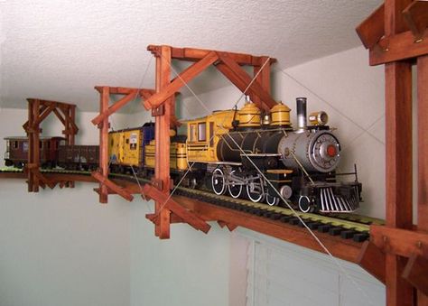 Pretty awesome ceiling train kit - train and track not included; you have to supply your own.  Fun for a kids room! Ceiling Train, Train Bedroom, Train Kit, Train Miniature, Train Room, Kids Rooms Diy, Model Train Layouts, Big Boy Room, Train Layouts