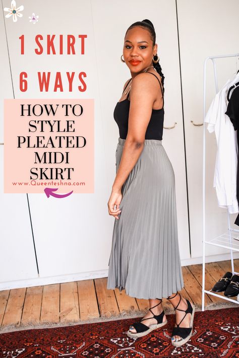 Pleated midi skirts are a great wardrobe staple all year round as they are really versatile and feminine. What I love about pleated midi skirts is that they are great for runnings errands, date nights and you can easily wear them to the office. Today I'm sharing 6 ways to style the pleated midi skirt for summer. via @http://pinterest.com/QueenTeshna Styling A Long Pleated Skirt, How To Wear Pleated Skirt Midi, How To Style Long Pleated Skirt, Style A Pleated Midi Skirt, Long Pleated Skirt Outfit Summer, How To Wear Long Pleated Skirt, Style A Pleated Skirt, Styling A Pleated Skirt, Styling Pleated Midi Skirt