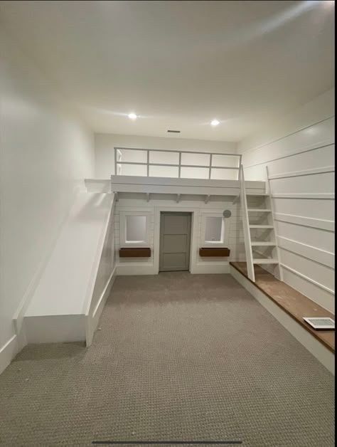 Basement To Playroom, Built In Slide In House, Kid Loft Playroom, Playroom Loft With Slide, Basement Play Structure, Playroom Slide Ideas, Playhouse In Basement, Indoor Loft Playhouse, Basement Playhouse With Slide