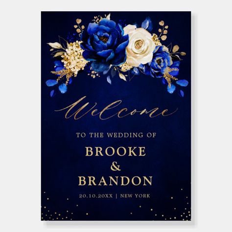 Royal Blue Yellow Gold Floral wedding Welcome Foam Board  Zazzle Blue Bridal Shower Decorations, Wedding Flowers Navy Blue, Royal Blue Wedding Theme, Blue And Gold Wedding, Navy Blue And Gold Wedding, Blue Wedding Decorations, Blue Gold Wedding, Tan Wedding, Metallic Wedding