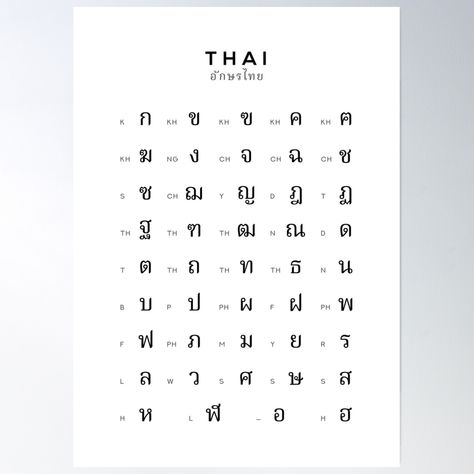 High-quality posters to hang in dorms, bedrooms or offices. Multiple sizes are available. Printed on 185gsm semi gloss poster paper. Additional sizes are available. This modern language chart features all 44 consonants of the Thai alphabet, and includes an English translation guide. Thailand Language Learning, Thai Consonants, Thailand Language, Thai Alphabet, Alphabet Chart, Thai Language, Alphabet Charts, White Poster, Alphabet Poster