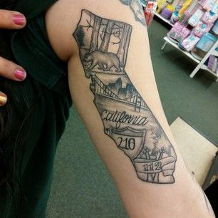 California | 50 Awesome State Tattoos That Will Fill You With Hometown Pride Tattoo Ideas California, California State Tattoos, California Tattoo Ideas, Fresno Bulldogs, California Outline, State Tattoos, Oc California, Florida Baby, Pride Tattoo