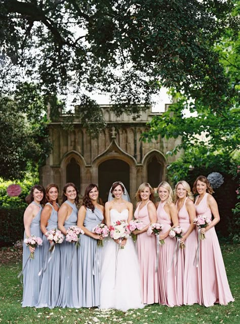 Serenity and Rose Quartz Bridesmaid dresses and pink peony bouquets Fabric Draping Wedding, Barnsley House, Draping Wedding, Spring Bridesmaid Dresses, Pink Wedding Colors, Azul Serenity, Gold Bridesmaid Dresses, Spring Wedding Colors, English Wedding