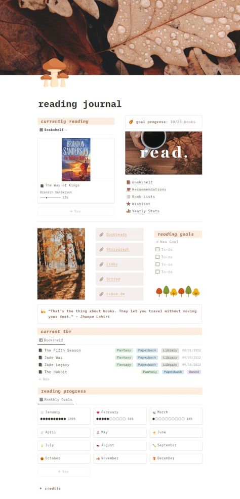 A Notion template for organizing and tracking all of your reading. Set monthly and yearly goals, create TBRs, keep track of recommendations, and review your reading stats with this Notion reading tracker. Bookish Notion Template, Notion Reading Journal, Notion Reading Tracker, Notion Reading Template, Reading Journal Template, Journal Notion, Notion Inspiration, Aesthetic Notion Template, Content Calendar Template