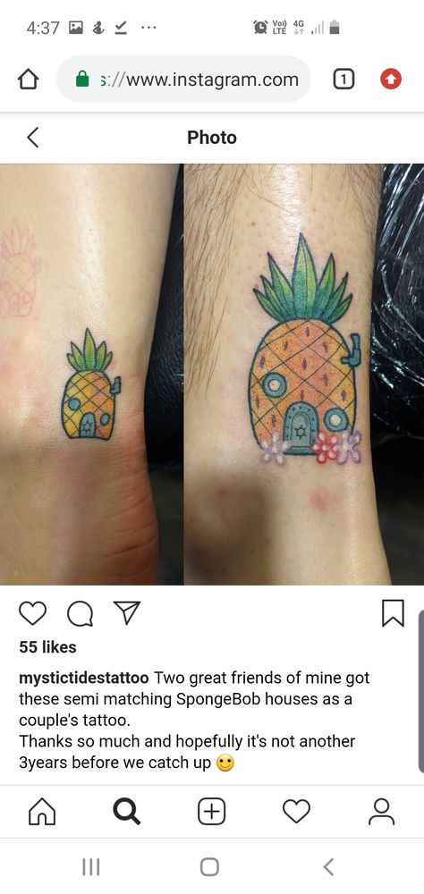 Spongebob House Tattoo, Spongebob House, House Tattoo, Home Tattoo, Couple Tattoos, Great Friends, Watercolor Tattoo, Tatting, Piercings