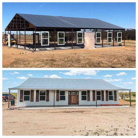 OKModernBarndominium on Instagram: “Before & After • Q&A Roof pitch 4/12 Pitch on porch 2/12 Metal color: Polar White Roof Color: galvanized • We didn’t have a builder we…” Roof Pitch, Roof Colors, House Paint, House Paint Exterior, Pitched Roof, Exterior Paint, Metal Color, House Painting, Our Home