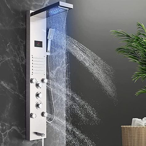 FUZ LED 47 Inch Shower Panel,Stainless Steel Shower Tower System,with 5 Function,Waterfall,Rainfall Shower Head,Hand Held Shower,Massage Jets and Tub Spout… - - Amazon.com Waterfall Shower Head, Shower Tower, Rain Shower System, Adjustable Shower Head, Waterfall Shower, Gold Shower, Shower Columns, Shower Panel, Fixed Shower Head