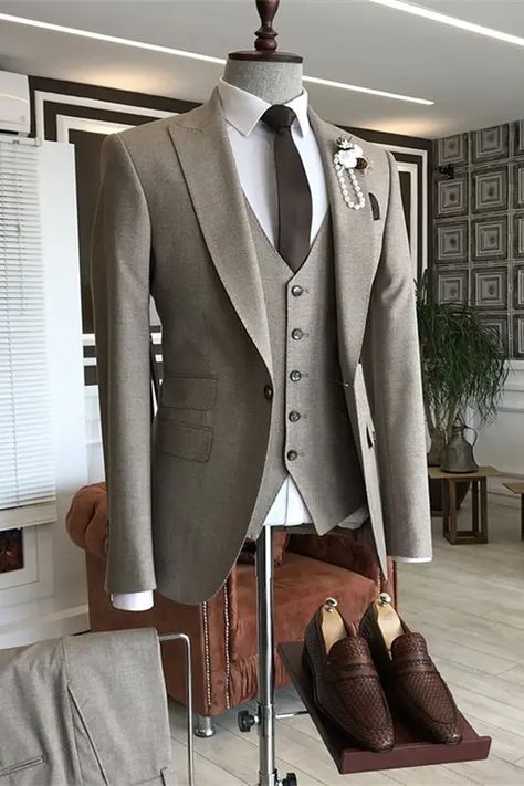 Doris Light Coffee Peaked Lapel Three Pieces Formal Business Suits Woolen Suit, Prom Suit, Men's Business Suits, Suits Men Business, Business Suits, Grey Suit, Lapel Jacket, Brown Suits, Prom Suits