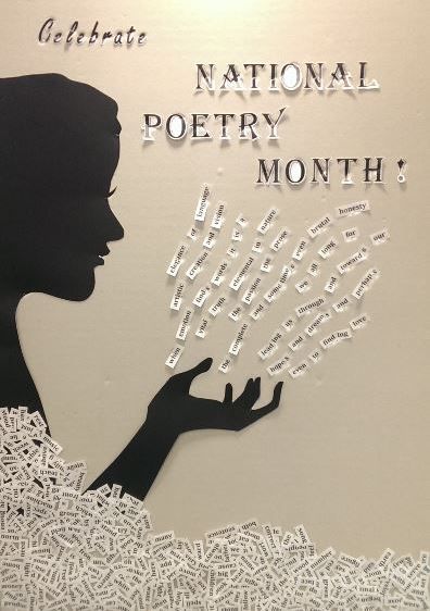 Poetry Board Ideas, Author Of The Month Display, National Poetry Month Library Display, Poetry Decorations, Poetry Library Display, Poetry Month Library Display, National Poetry Month Bulletin Board, Creative Display Boards For School, Poetry Month Bulletin Board