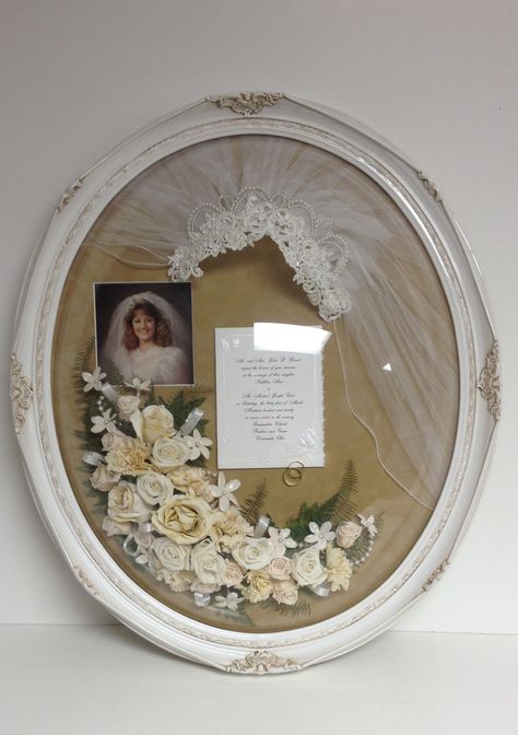 Oval shadowbox with veil, flowers, photo and invitation. Wedding Veil Shadow Box Ideas, Shadow Box Bridal Bouquet, Wedding Dress In Shadow Box Display, Shadow Box With Wedding Invitation, Veil Shadow Box Wedding, Wedding Day Shadow Box Ideas, Family Thoughts, Jewelry Shadow Box, Veil Flowers