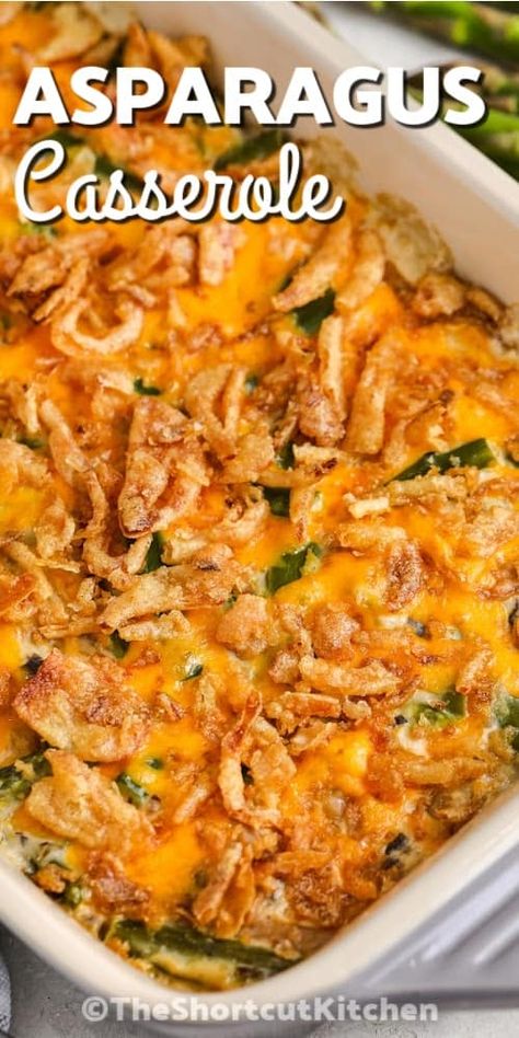 Make this asparagus casserole with mushroom soup, and cheese, topped with crunchy fried onions. Fresh Asparagus Recipes, Linguica Recipes, Asparagus Casserole Recipes, Asparagus Mushroom, Easy Asparagus, Dinner 2023, Asparagus Casserole, Creamy Asparagus, Baked Mushrooms