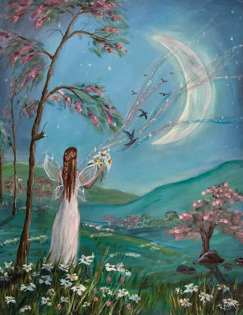 Whimsical Art Prints, Fairy Painting, Moonlight Art, Case Painting, Fairy Nursery, Moon Flowers, Fairy Paintings, Magical Home, Art Moon