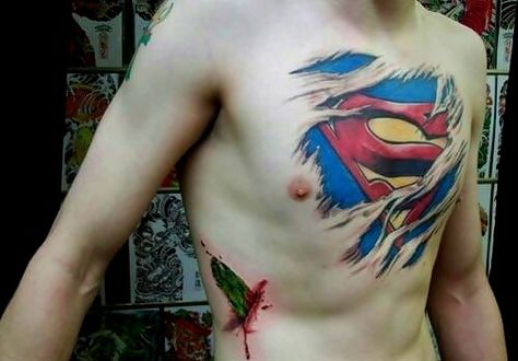 Awesome #Superman tattoo! Kryptonite Tattoo, Superman Tattoo, Superman Tattoos, Superman Symbol, Fan Tattoo, Band Nails, Chest Tattoo Men, Sleeve Ideas, 3d Tattoos