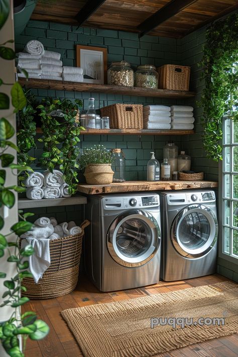 Small Laundry Room Ideas: Making the Most of Limited Space - Puqqu Rustic Bathroom Laundry Combo, Industrial Utility Room, Laundry Room Cottagecore, Dark Academia Laundry Room, Spanish Style Laundry Room, Fridge In Laundry Room, Earthy Laundry Room, Industrial Laundry Room Ideas, Cozy Laundry Room