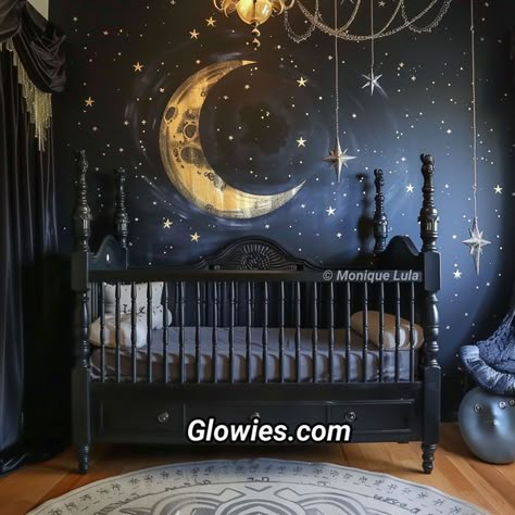 Addams Family Nursery, Dark Themed Nursery, Night Court Nursery, Halloween Themed Nursery, Alt Baby Nursery, Magical Nursery Ideas, Dark Cottagecore Nursery, Baby Boy Rooms Decor Ideas, Spooky Nursery Ideas