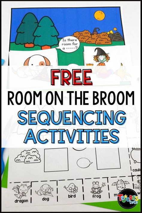 Story sequence pop-ups are a new, exciting way for little learners to retell a story by acting it out, with NO prep! You can try them for FREE when you sign up for my weekly teaching tips! Activities for Room on the Broom by Julia Donaldson are included! Room In The Broom Activities, Room On The Broom Math Activities, Room On The Broom Sequencing, Room On The Broom Activities Preschool, Room On A Broom Activities For Kids, Room On The Broom Preschool, Preschool Sequencing, Room On The Broom Activities, Kindergarten Invitations