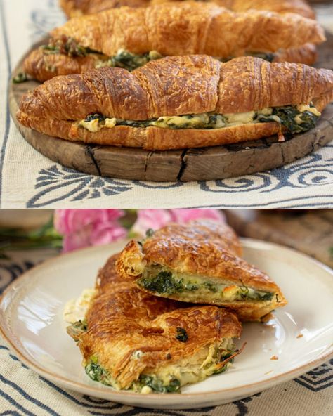 Spinach and Cheese Stuffed Croissants - Greenku Recipes Croissant Stuffing, Appetizers Savory, Stuffed Croissants, Sugar Free Oatmeal, Croissant Roll, Banana Oatmeal Muffins, Cheese Croissant, Light Soups, Croissant Recipe