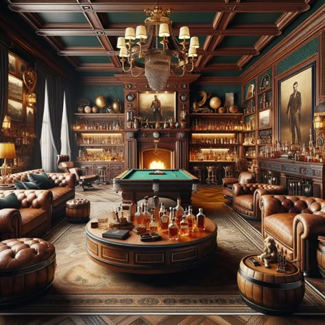 Experience elegance in our vintage-style man cave. Features include a mahogany bar, classic artwork, sports memorabilia, a pool table, and a plush leather lounge set near a grand fireplace. Breathe in the scent of rich cigars as you step on the fine handwoven rug and marvel at the antique globe and books on the desk. 
#LuxuriousManCave #VintageStyle #SportsMemorabilia #PlushLeatherFurniture #GrandFireplace #AntiqueDecor Luxury Mancave, Luxury Man Cave Ideas, Hunting Room Design, Classy Man Cave, Cabin Man Cave, Grand Fireplace, Mahogany Bar, Modern Hotel Lobby, Modern Man Cave