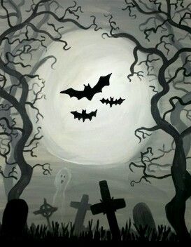 Halloween spooky                                                                                                                                                                                 More Halloween Graveyard Painting, Graveyard Painting Easy, Cemetary Drawings, Bat Painting Ideas, Acrylic Halloween Paintings, Bat Painting Easy, Halloween Painting Ideas On Canvas Easy, Graveyard Painting, Halloween Paintings On Canvas Easy