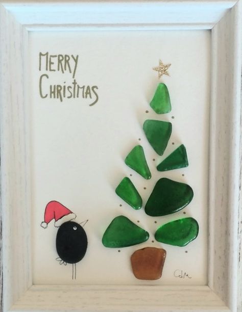 Seaglass Cards, Fabric Christmas Cards, Sea Glass Window Art, Sea Glass Window, Xmas Frames, Sea Glass Christmas Tree, Sea Glass Christmas, Sea Glass Artwork, Christmas Pebble Art