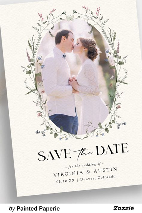 Elegant and stylish, this photo save-the-date announcement card features gorgeous dainty hand-painted watercolor pink, purple, and blue pastel wildflowers and sage greenery with a cute white butterfly arranged in a lovely vintage wreath on an ivory background. The back includes a beautiful matching bouquet with the bride and groom's monogram and an optional wedding website. Wildflower Save The Date, Pastel Wildflowers, Purple Invitations, Wildflower Photo, Wedding Announcement Cards, Wildflower Wedding Invitations, Vintage Wreath, Floral Save The Dates, Purple Wedding Invitations