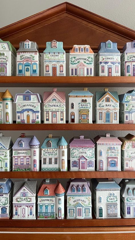 Village Spice Jars, Spice House Jars, House Spice Jars, Lenox Spice Jars, Lenox Spice Village Set, The Lenox Spice Village, Cute Spice Jars, Spice Village Set, Lenox Spice Village Display