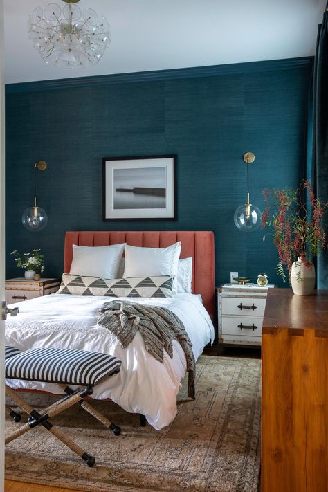 Read More: https://www.stylemepretty.com/living/2021/04/07/moody-and-eclectic-san-francisco-townhome/ Blue Rust Bedroom Ideas, Contemporary Bedroom Wallpaper, Bedroom Inspirations Master Wallpaper, Rust Teal Bedroom, Teal Modern Bedroom, Dark Teal And Terracotta Bedroom, Teal Bedroom Wall Ideas, Bedroom With Grasscloth Wallpaper, Blue And Rust Bedroom Ideas