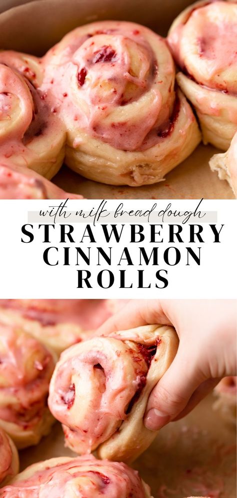 strawberry cinnamon rolls in a baking pan. Strawberry Jam Cinnamon Rolls, Strawberry And Blackberry Recipes, Sourdough Strawberry Sweet Rolls, Strawberry Fall Desserts, Jam Cinnamon Rolls, Beginner Dessert Recipes, Cookie Butter Cinnamon Rolls, Quick Strawberry Desserts, Strawberry Baked Goods