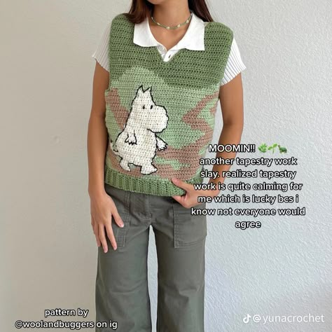 Moomin Knitting, Moomin Sweater, Crochet Grid Sweater, Moomin Crochet Pattern, Goblincore Crochet Ideas, Moomin Crochet, Crochet Tapestry Sweater, Crochet Socks Pattern, Crochet Jumper