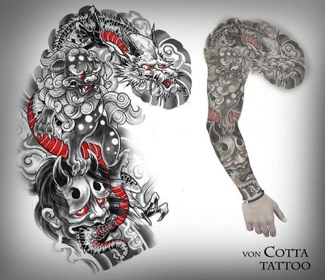 Samurai Tattoo Sleeve, Oni Tattoo, Foo Dog Tattoo, Samurai Tattoo Design, Dragon Sleeve Tattoos, Full Sleeve Tattoo Design, Japan Tattoo Design, Japanese Dragon Tattoos, Warrior Tattoos