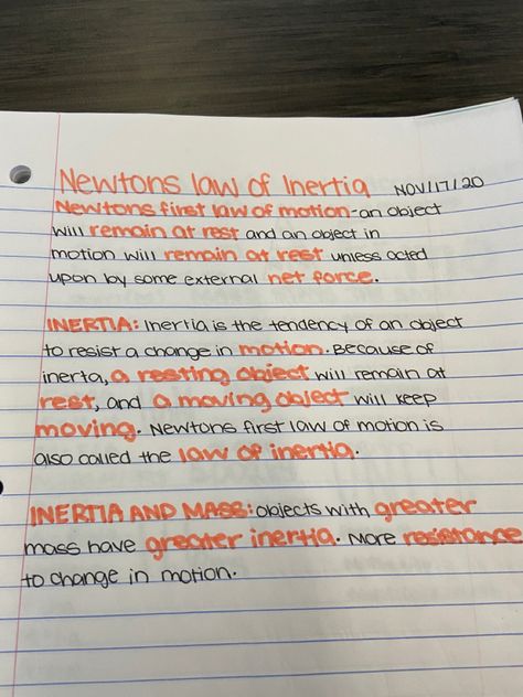 Newtons Laws Of Motion Notes, Law Of Inertia, Newton's First Law Of Motion, Science Aesthetic, Newtons Laws Of Motion, Handwriting Ideas, Physics Lessons, Newtons Laws, High School Survival