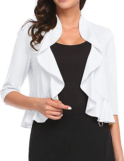 Women's Open Front Cropped Cardigan 3/4 Sleeve Casual Shrugs Jacket Draped Ruffles Lightweight Sweaters (White, Large) at Amazon Women’s Clothing store Sleeve Shrug, Shrug For Dresses, Bolero Cardigan, Bolero Shrug, Autumn Sleeve, Wedding Jacket, Jacket Beige, Shrug Cardigan, Bolero Jacket