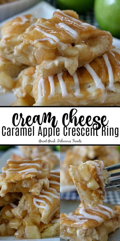 Cream Cheese Caramel Apple Crescent Ring has a cheesecake filling, apples, stuffed into a crescent ring, drizzled with caramel and glaze. #apples #desserts #crescentring #delicious #greatgrubdelicioustreats Apple Crescent, Crescent Rings, Fall Desserts Apple, Apple Cream Cheese, Crescent Recipes, Apple Cream, Cream Cheese Desserts, Caramel Apple Cheesecake, Crescent Ring