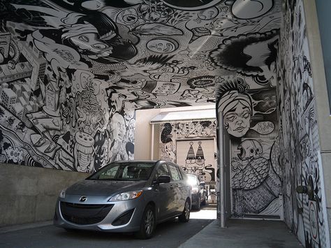 Garage graffiti by kenzilicious, via Flickr Graffiti Garage, Garage Graffiti, Graffiti Ideas, Man Cave Design, Wall Graffiti, Gym Art, Garage Art, Garage Walls, Graffiti Wall