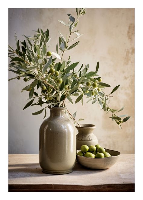 Olive Branches In Vase, Vases Photography, Olive Decor, Southern Landscape, Drinks Photography, Olive Leaves, Olive Branches, Still Life Photos, Beige Tones