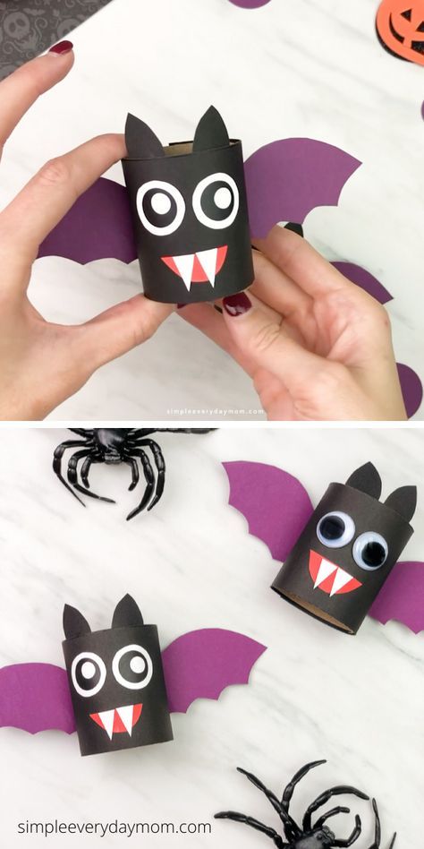 This cardboard tube bat is a fun and easy Halloween craft for kids. Download the free printable template and grab your toilet paper rolls! This is an easy kids craft theyll love creating! Toilet Paper Roll Bat, Kids Bat, Bat Craft, Bricolage Halloween, Halloween Crafts For Toddlers, Fun Halloween Crafts, Halloween Arts And Crafts, Toilet Paper Rolls, Easy Halloween Crafts